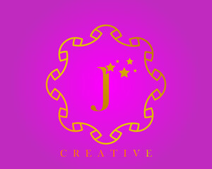 Creative design logo, alphabet J, 5 star letter, label, icon, for packaging, luxury product design. Made with gold on a light purple textured background.