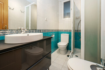 Bathroom with glossy black cabinet and white porcelain sink with aluminum shower stall