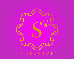 Creative design logo, alphabet S, 5 star letter, label, icon, for packaging, luxury product design. Made with gold on a light purple textured background.