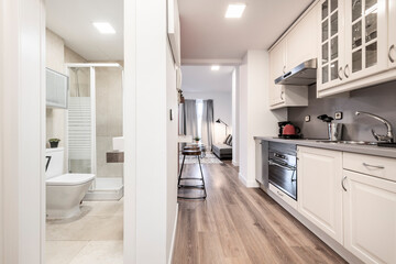Panoramic view of the kitchen and toilet at the entrance of a short-term rental apartment