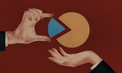 Businessmen holding pie chart on a red background