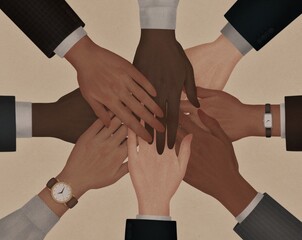 Diverse business people put hands together in stack