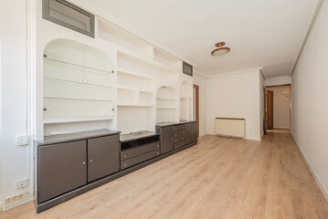 Living room with wall-mounted plaster shelf with display cabinets and low wooden furniture painted in black