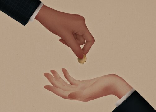 Hand giving gold coin to another hand