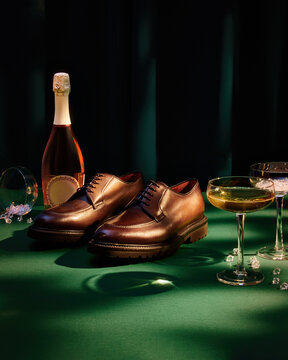 Handmade men's leather shoes on green cloth with glasses of champagne.