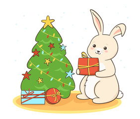 Merry Christmas and Happy New Year rabbit and tree, gift box, cartoon poster. Xmas card bunny or cute hare draw character mascot. Vector design festive illustration, template postcard or banner