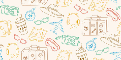 Travel seamless pattern vacation journey doodle line scrapbook wrapper. Vintage camera, sleep mask luggage suitcase headphones plane trendy print. Summer holiday cartoon endless background, packaging