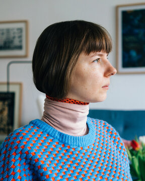 Young woman in colorful clothing