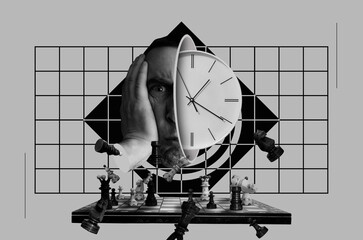 Chess and head of a man with clock inside