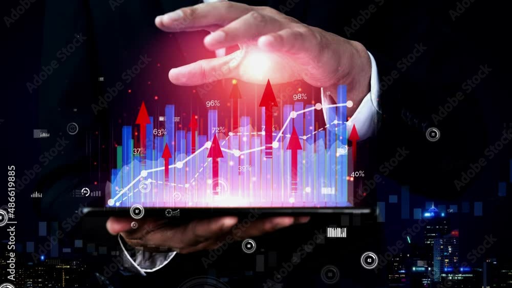 Poster double exposure image of business and finance conceptual - businessman with report chart up forward 