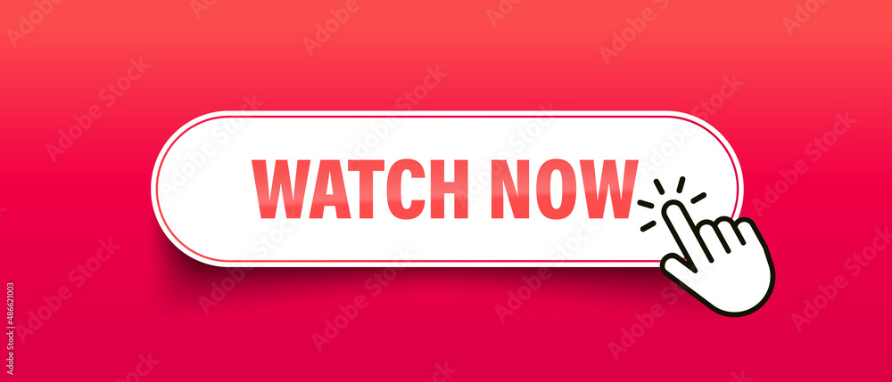 Poster watch now button with cursor in flat style on red background. isolated vector illustration. flat vec