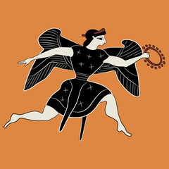 Running winged ancient Greek goddess Nike or Victory holding laurel wreath. Vase painting style. - obrazy, fototapety, plakaty