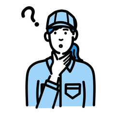 顔に手を当てて考えている作業服の若い女性
