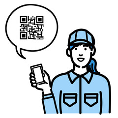 スマホを持ってQRコードの説明をしている作業服の若い女性

