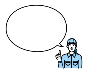 吹き出しで説明をする作業服の若い女性
