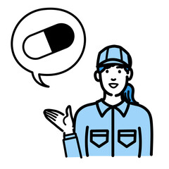処方薬の説明をしている作業服の若い女性
