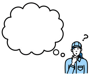 吹き出しで考えている作業服の若い女性
