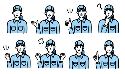 作業服の若い女性のジェスチャーのセット
