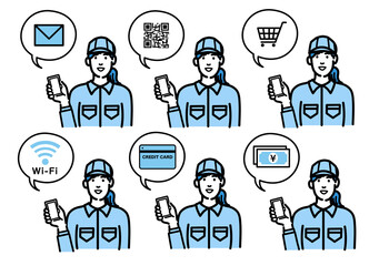 スマートフォンを持って説明をしている作業服の若い女性のセット
