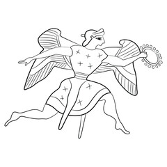 Running winged ancient Greek goddess Nike or Victory holding laurel wreath. Black and white linear silhouette. Vase painting style.  - obrazy, fototapety, plakaty