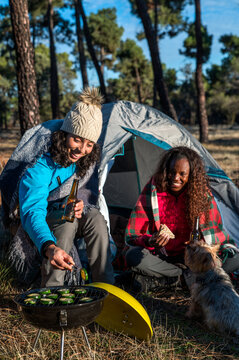 Smiling diverse hikers grilling vegetables