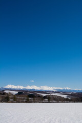 Fototapeta na wymiar 雪が残る春の畑作地帯と雪山　十勝岳連峰 