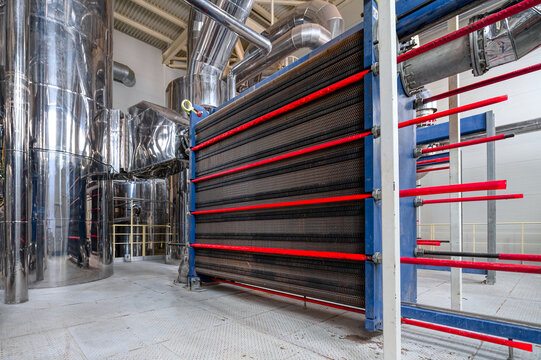 Block of plate type heat exchanger in modern workshop