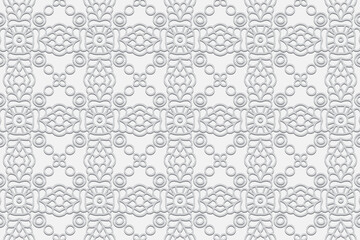 Embossed ethnic white background, eye-catching cover design. Geometric elegant ornamental 3D pattern. Artistic creativity of the peoples of the East, Asia, India, Mexico, Aztecs.
