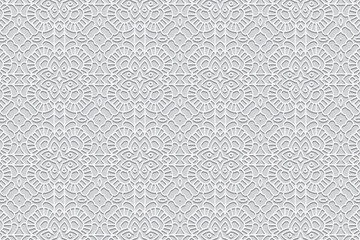 Embossed ethnic white background, eye-catching cover design. Geometric openwork ornamental 3D pattern. Artistic creativity of the peoples of the East, Asia, India, Mexico, Aztecs.