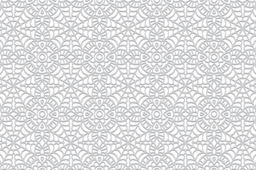 Embossed ethnic white background, eye-catching cover design. Geometric delicate ornamental 3D pattern. Artistic creativity of the peoples of the East, Asia, India, Mexico, Aztecs.