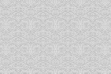 Embossed ethnic white background, eye-catching cover design. Geometric abstract openwork ornamental 3D pattern. Artistic creativity of the peoples of the East, Asia, India, Mexico, Aztecs.