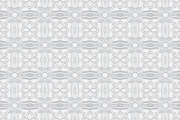 Embossed ethnic white background, eye-catching cover design. Geometric floral ornamental 3D pattern. Artistic creativity of the peoples of the East, Asia, India, Mexico, Aztecs.