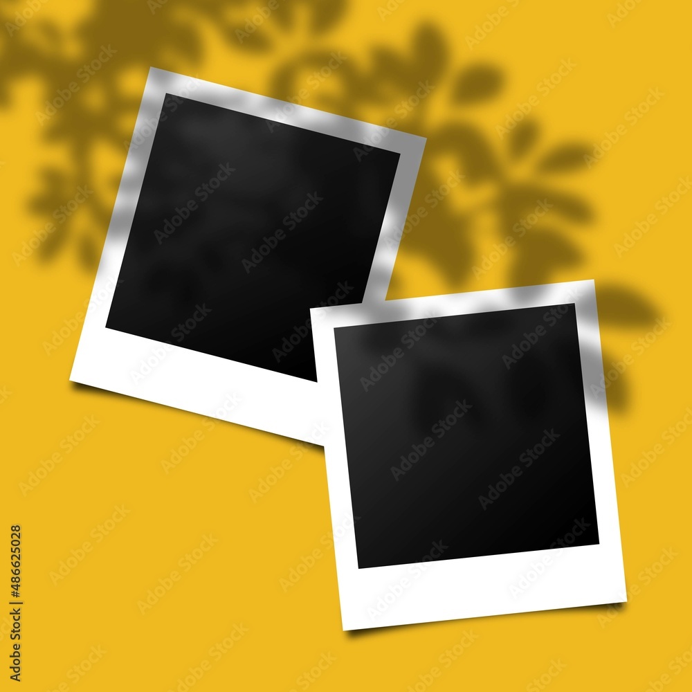 Poster empty two vintage foto frame mock up with realistic drop shadow effect isolated on yellow background