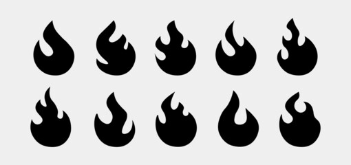 Fire icon vector set. Flame silhoutte symbol. Black fire icon isolated on white background.