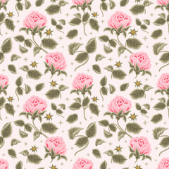 Vintage Aesthetic Hand Drawn Shabby Chic Pink Rose Flower Seamless Pattern