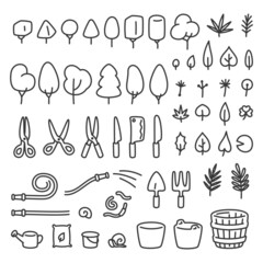 set of garden tool and plant doodle art