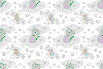 Seamless cute cat pattern,cartoon style light gray kitten,for fabric,printing,cat wallpaper on white background.