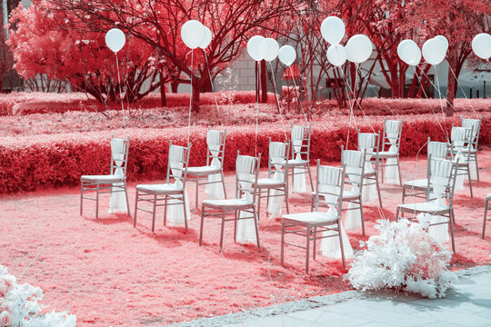 Infrared photography of Wedding chairs with balloons 