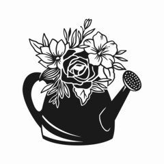 watering can with flower vector, watering can design illustration, garden tool  icon