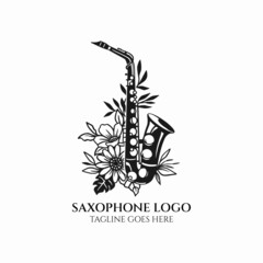 Saxophone logo design, saxophone with flower logo, musical instrument vector, jazz club icon - obrazy, fototapety, plakaty