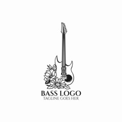 bass guitar logo vector, bass icon with flower, musical instrument illustration