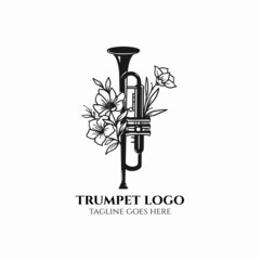 Trumpet logo, trumpet girl with flower vector, jazz musical icon illustration - obrazy, fototapety, plakaty