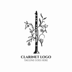 Clarinet logo, classical clarinet with flower icon, musical design vector - obrazy, fototapety, plakaty