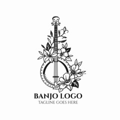 banjo vector logo, banjo with flower design, orchestra musical illustration - obrazy, fototapety, plakaty