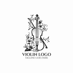 Violin logo, musical instrument vector, violin with flower icon  © Mashoid Studio