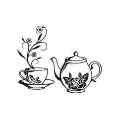 teapot design vector, teapot with flower illustration, vintage kettle icon  silhouette