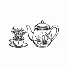 teapot design vector, teapot and teacup illustration, vintage kettle icon silhouette