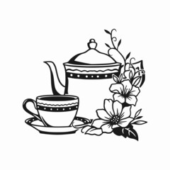 cup of tea with teapot vector, vintage teapot icon with flower.