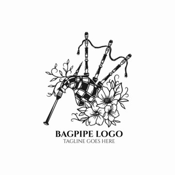 Bagpipe logo, scottish bagpipe icon, traditional musical illustration, bagpipe with flower vector