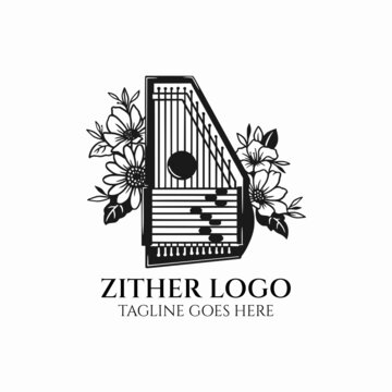 zither logo vector, zither with flower icon, orchestra instrument illustration